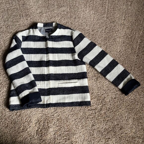 Splendid Knit Jacket Womens S Blue White Striped Collarless Preppy Nautical - Picture 1 of 9